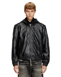 Jacke mit Kapuze aus Leder, Baumwolle und Denim - Lederjacken - Herren - Schwarz