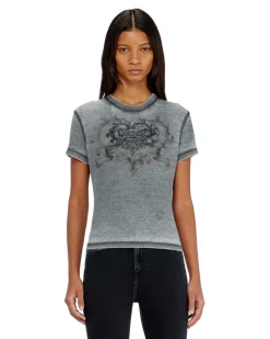 Jersey-T-Shirt mit Strasssteinen und burnout effect - T-Shirts - Damen - Grau