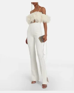 Jumpsuit aus Cady mit Federn Weiß