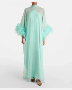 Kaftan Penelope aus Seide mit Federn Blau