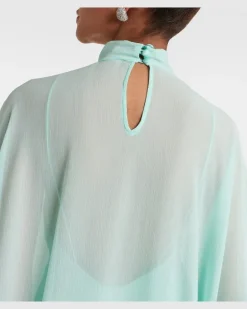 Kaftan Penelope aus Seide mit Federn Blau