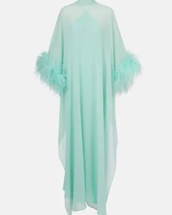 Kaftan Penelope aus Seide mit Federn Blau