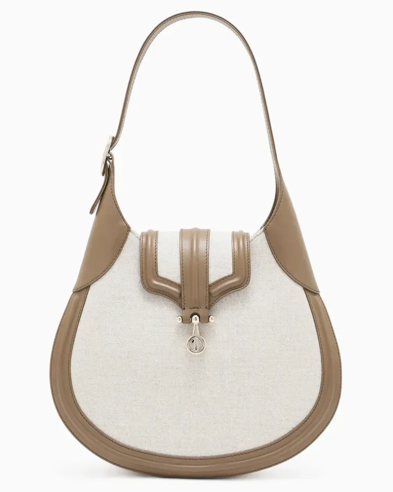Kleine Hobo Bag aus Canvas und Glattleder Beige