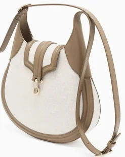 Kleine Hobo Bag aus Canvas und Glattleder Beige