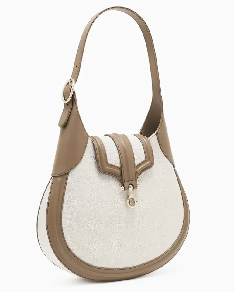 Kleine Hobo Bag aus Canvas und Glattleder Beige