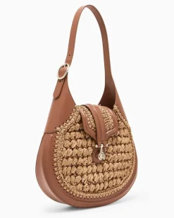 Kleine Hobo-Bag aus Viskose-Raffia und Glattleder Beige