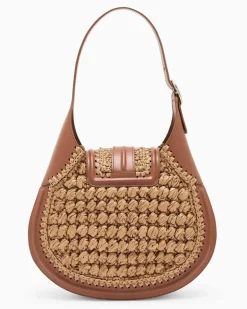 Kleine Hobo-Bag aus Viskose-Raffia und Glattleder Beige