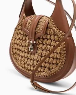 Kleine Hobo-Bag aus Viskose-Raffia und Glattleder Beige