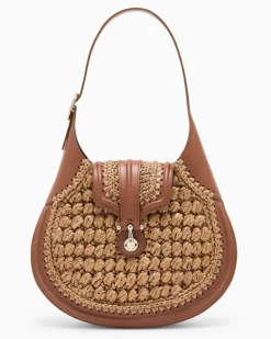 Kleine Hobo-Bag aus Viskose-Raffia und Glattleder Beige