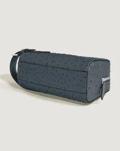 Kosmetik-Clutch aus Leder mit Straußenprägung - Samtblau - Leder - MB199016 - Clutches