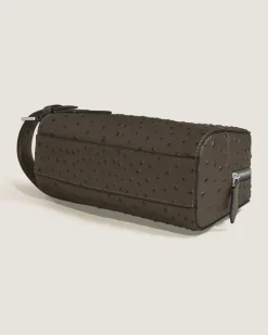 Kosmetik-Clutch aus Leder mit Straußenprägung - Khaki - Leder - MB220471 - Clutches