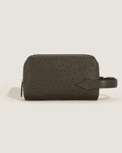 Kosmetik-Clutch aus Leder mit Straußenprägung - Khaki - Leder - MB220471 - Clutches