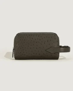 Kosmetik-Clutch aus Leder mit Straußenprägung - Khaki - Leder - MB220471 - Clutches