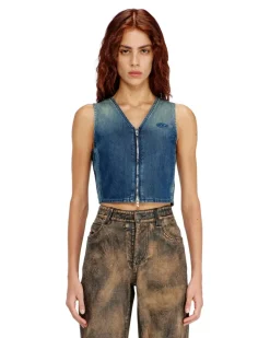 Kurzes Denim-Top mit Frontreißverschluss - Oberteile - Damen - Blau