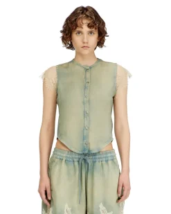 Kurzärmliges Hemd aus Denim und Spitze - Denimhemden - Damen - Blau