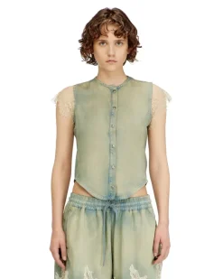 Kurzärmliges Hemd aus Denim und Spitze - Denimhemden - Damen - Blau