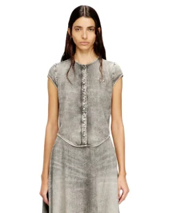 Kurzärmliges Jeanshemd mit sportlichen Streifen - Denimhemden - Damen - Grau