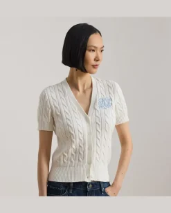 Kurzärmlige Strickjacke mit Zopfmuster White