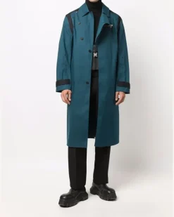 Langer Trenchcoat mit Logo-Patch - Blau