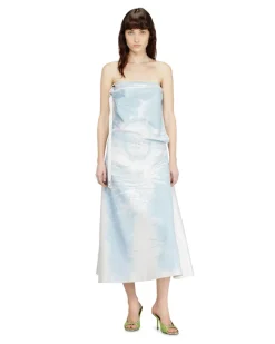 Langes Kleid aus farbigem Satin-Denim - Kleider - Damen - Blau