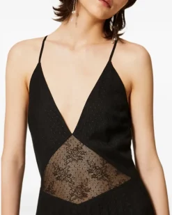 Langes Plumetis Tüllkleid mit Spitze - Schwarz