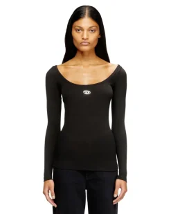 Langärmliges, geripptes Oberteil mit metallischem Oval D - T-Shirts - Damen - Schwarz