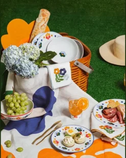 Leinen-Patchwork-Tischsets mit Blumen (4er-Set) - Blau