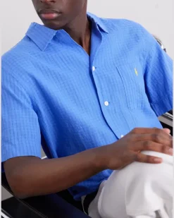 Logo-Embroidered Checked Linen and Cotton-Blend Shirt Blue
