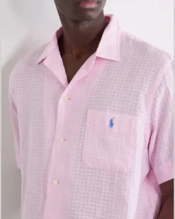 Logo-Embroidered Checked Linen and Cotton-Blend Shirt Pink