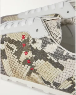 Logo-Embroidered Croc and Snake-Effect Leather Sneakers Gray