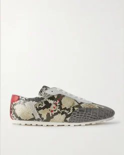 Logo-Embroidered Croc and Snake-Effect Leather Sneakers Gray