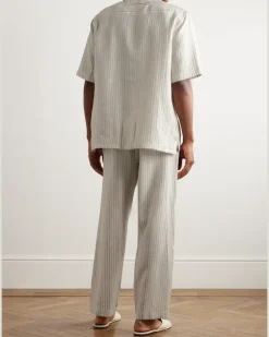 Logo-Embroidered Striped Linen Pyjama Set Neutrals