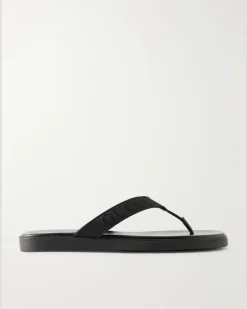 Logo-Jacquard Leather-Trimmed Canvas Flip Flops Black
