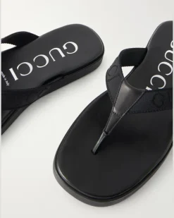 Logo-Jacquard Leather-Trimmed Canvas Flip Flops Black