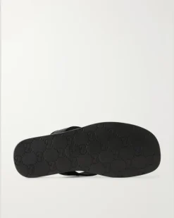 Logo-Jacquard Leather-Trimmed Canvas Flip Flops Black