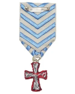 Medaillenbrosche mit perlenverziertem Kreuz und Zickzackband - Blau