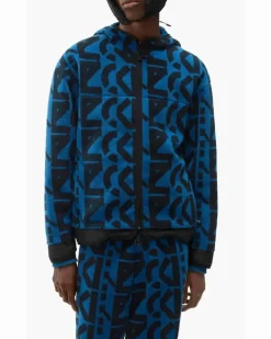 Men Allover Monogram Zipped Hoodie Blue Clothing > Knitwear