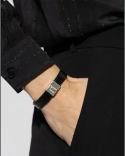 Men Engraved Logo Leather Bracelet Black Accessories > Jewelry