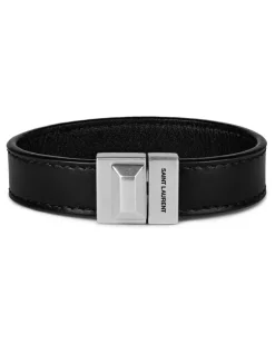 Men Engraved Logo Leather Bracelet Black Accessories > Jewelry