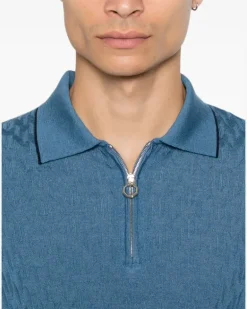 Men's Geometric-Pattern Zip-Fastening Polo Shirt Aw26 M Teal