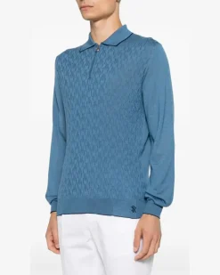 Men's Geometric-Pattern Zip-Fastening Polo Shirt Aw26 M Teal