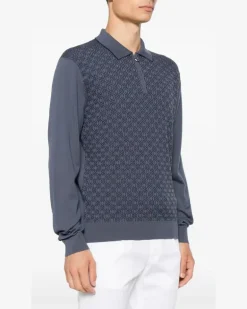 Men's Geometric-Pattern Zip-Fastening Polo Shirt Aw26 M Blue