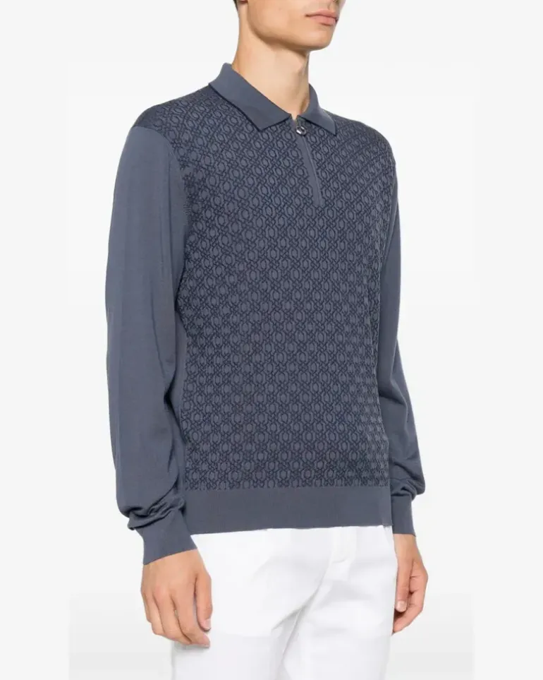 Men's Geometric-Pattern Zip-Fastening Polo Shirt Aw26 M Blue