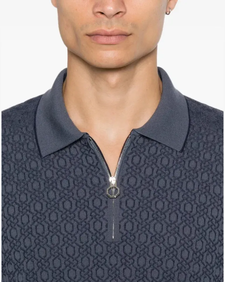 Men's Geometric-Pattern Zip-Fastening Polo Shirt Aw26 M Blue