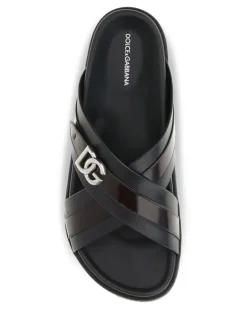 Men's Smooth Calf Leather Slide Sandals Nero-Cacao Nero/cacao