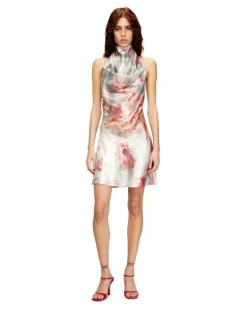 Metallisches kurzes Kleid mit verschwommenem Rosenmuster - Kleider - Damen - Bunt