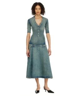 Midikleid mit tiefer Taille aus Strick und Denim - Kleider - Damen - Blau