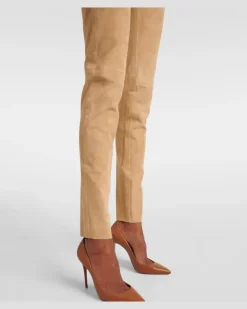 Mid-Rise Leggings aus Veloursleder Beige