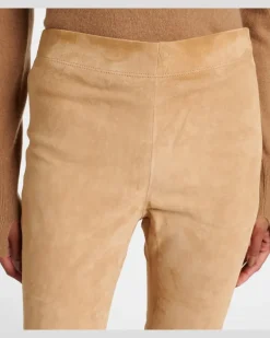Mid-Rise Leggings aus Veloursleder Beige