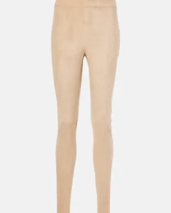 Mid-Rise Leggings aus Veloursleder Beige